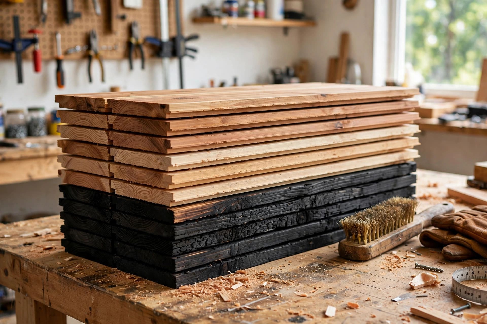 shou sugi ban siding: raw and charred cedar planks on a workbench