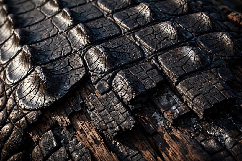 shou sugi ban siding: deep gator skin char texture close-up