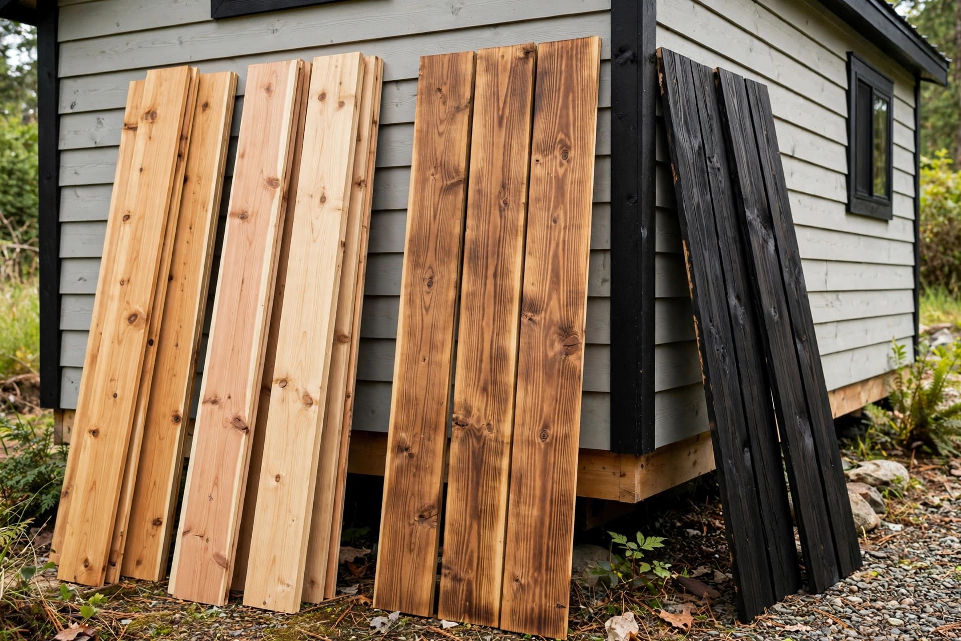 shou sugi ban siding: cedar planks in raw, light and heavy char