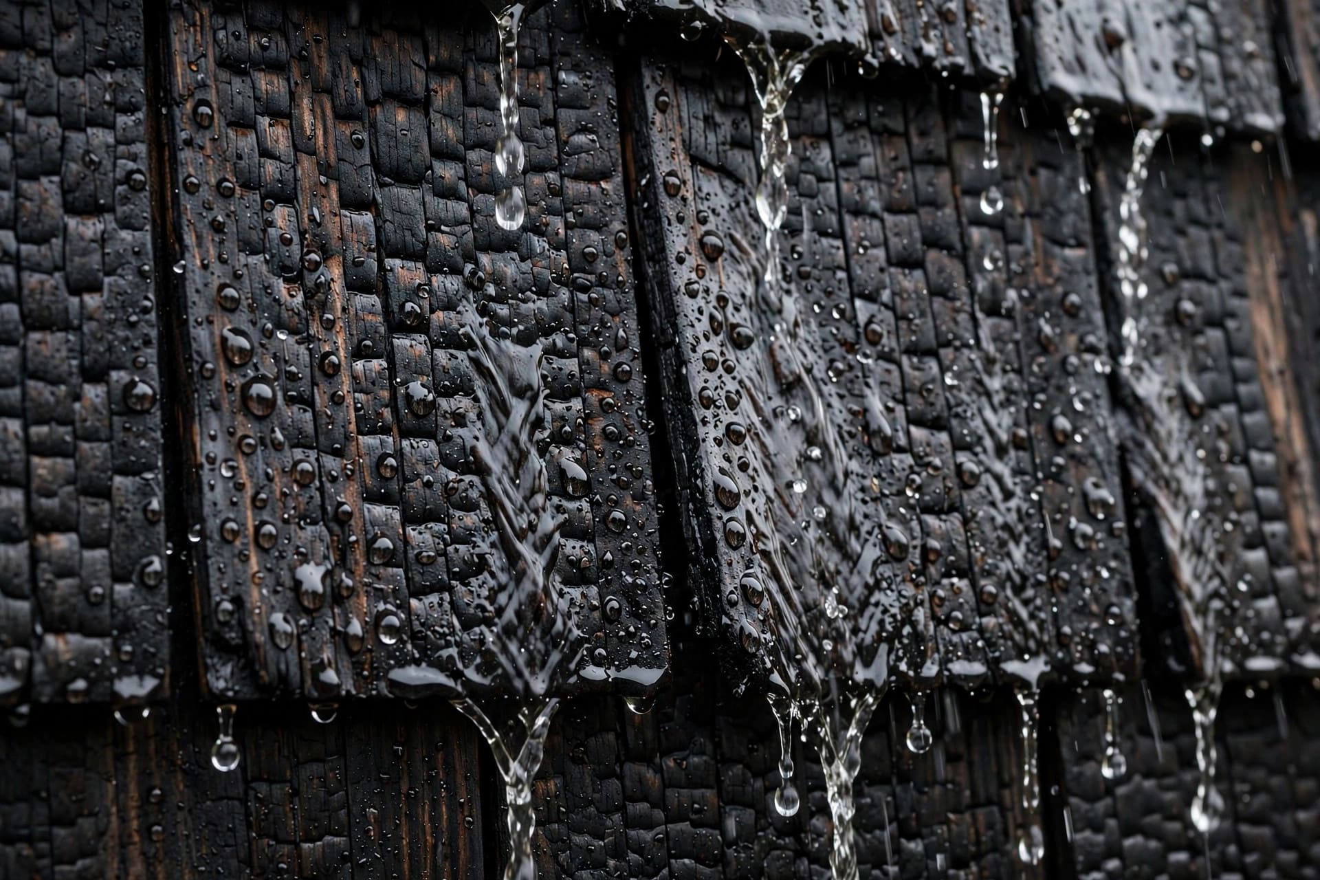 shou sugi ban siding: rain beading on charred cedar siding