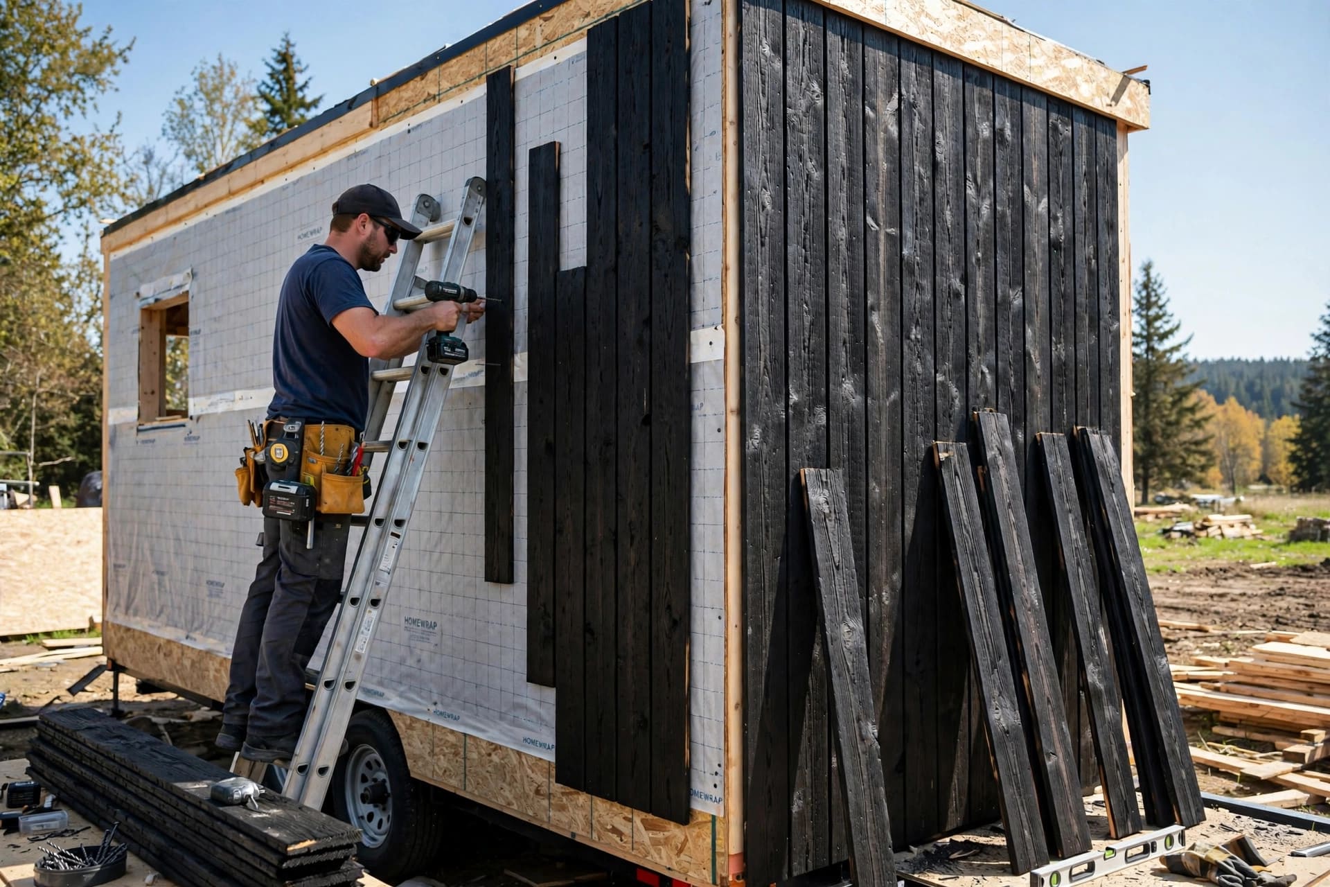 shou sugi ban siding: installing charred cedar boards on a tiny house