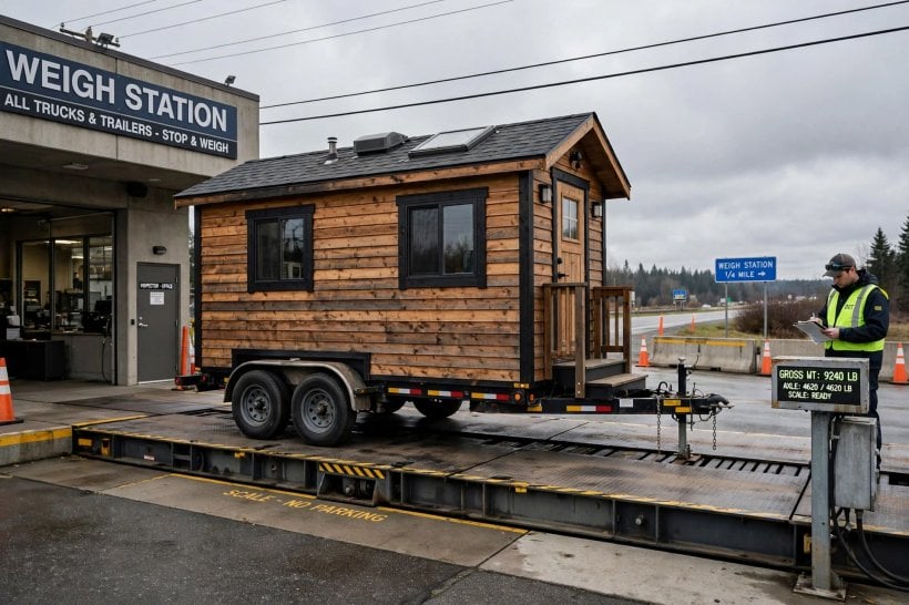 siding weight and durability comparator: tiny house on a trailer being weighed on a truck scale