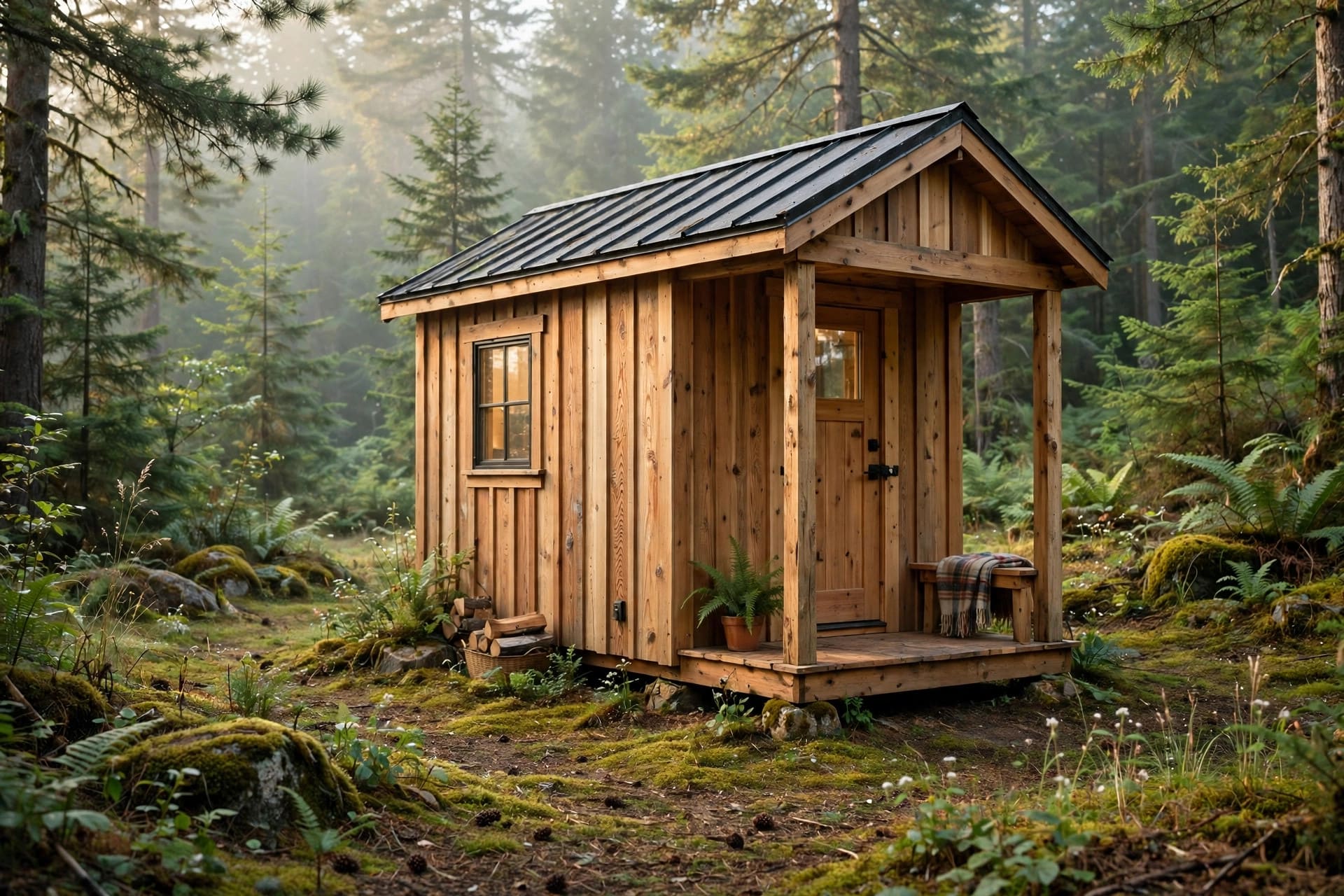 siding weight and durability comparator: warm natural cedar siding on a tiny house in a forest clearing