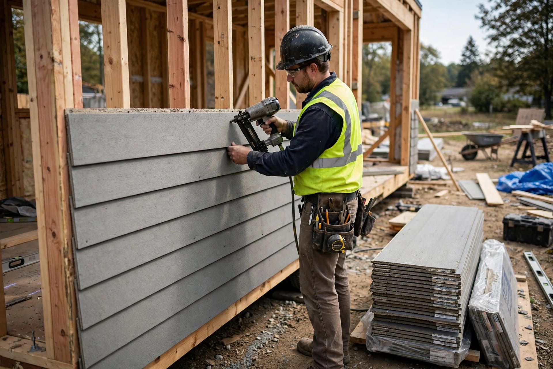siding weight and durability comparator: worker installing heavy fiber cement lap boards on a tiny house wall