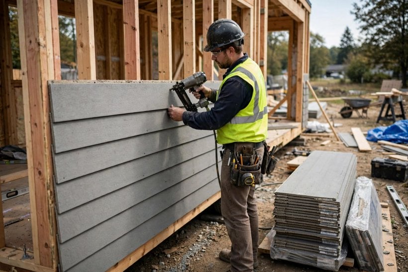siding weight and durability comparator: worker installing heavy fiber cement lap boards on a tiny house wall