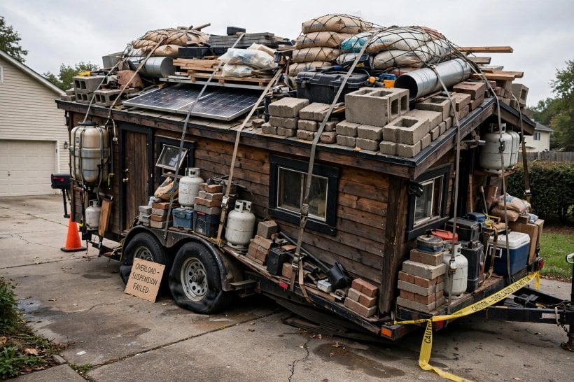 siding weight and durability comparator: overloaded tiny house trailer with sagging suspension