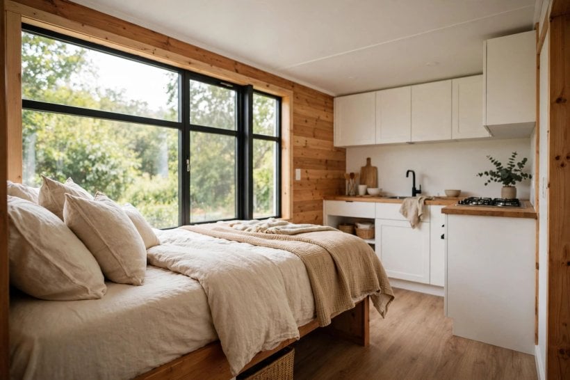 single-story tiny house plans: a ground-floor bedroom with no loft above it