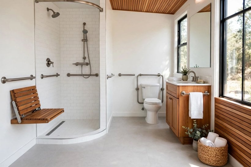 single-story tiny house plans: an accessible bathroom with a curbless roll-in shower and grab bars