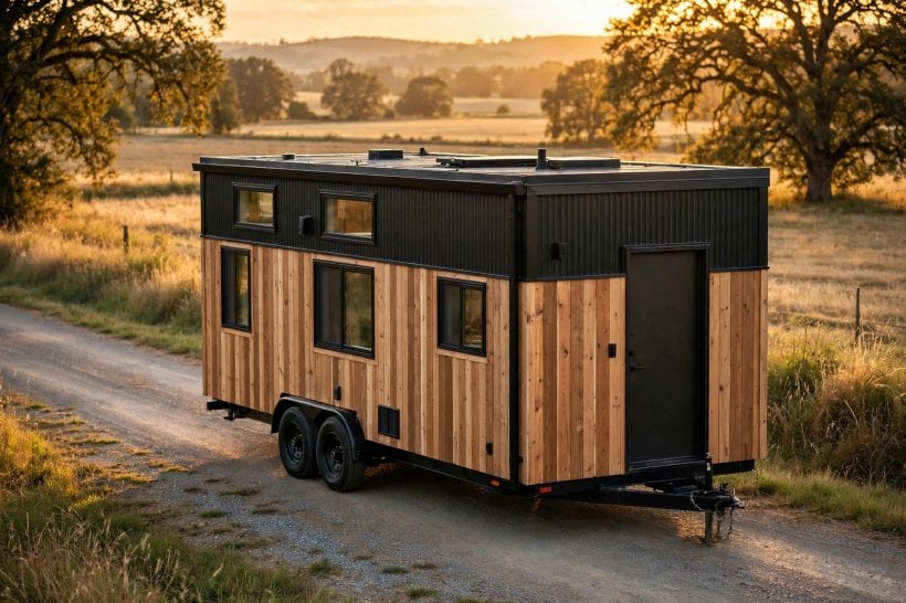 single-story tiny house plans: a low-profile flat-deck trailer with no loft bump