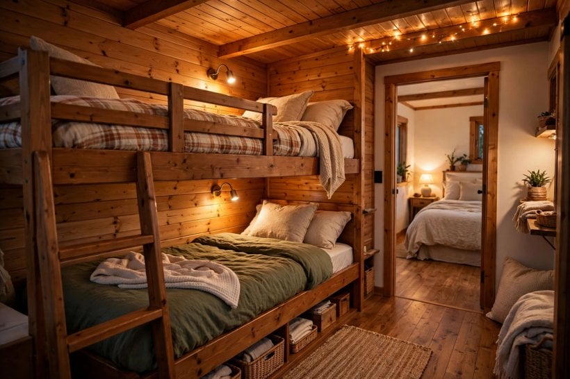 single-story tiny house plans: main-floor bunk beds with guard rails in the family bunkhouse