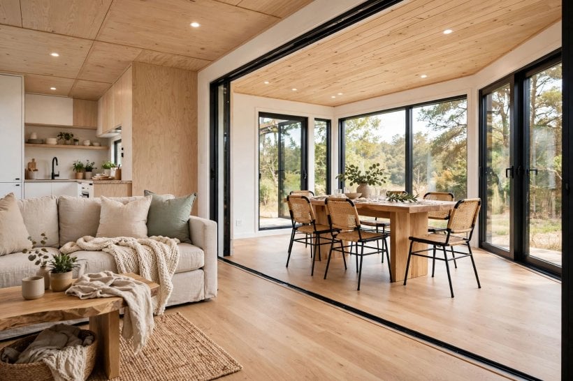 single-story tiny house plans: a slide-out living room with a flush, step-free floor