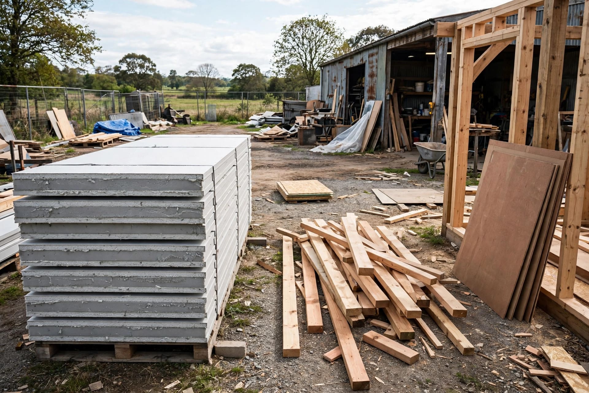 SIPs vs stick framing: factory-made insulated wall panels stacked beside loose timber studs and plywood sheets