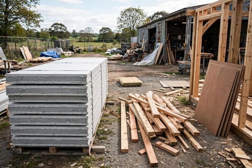 SIPs vs stick framing: factory-made insulated wall panels stacked beside loose timber studs and plywood sheets
