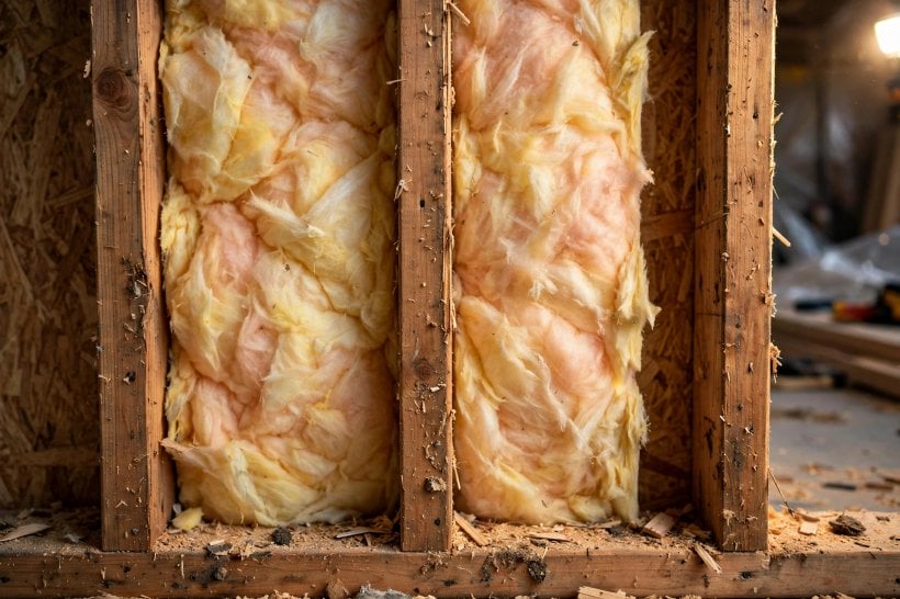 SIPs vs stick framing: close view of timber studs bridging a fiberglass-insulated wall cavity