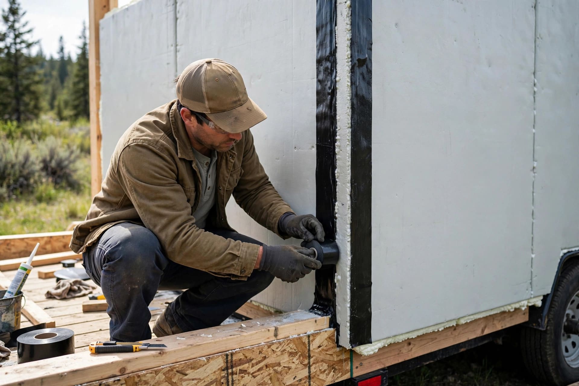 SIPs vs stick framing: sealing the joints of a large insulated wall panel with tape and membrane