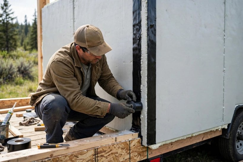 SIPs vs stick framing: sealing the joints of a large insulated wall panel with tape and membrane