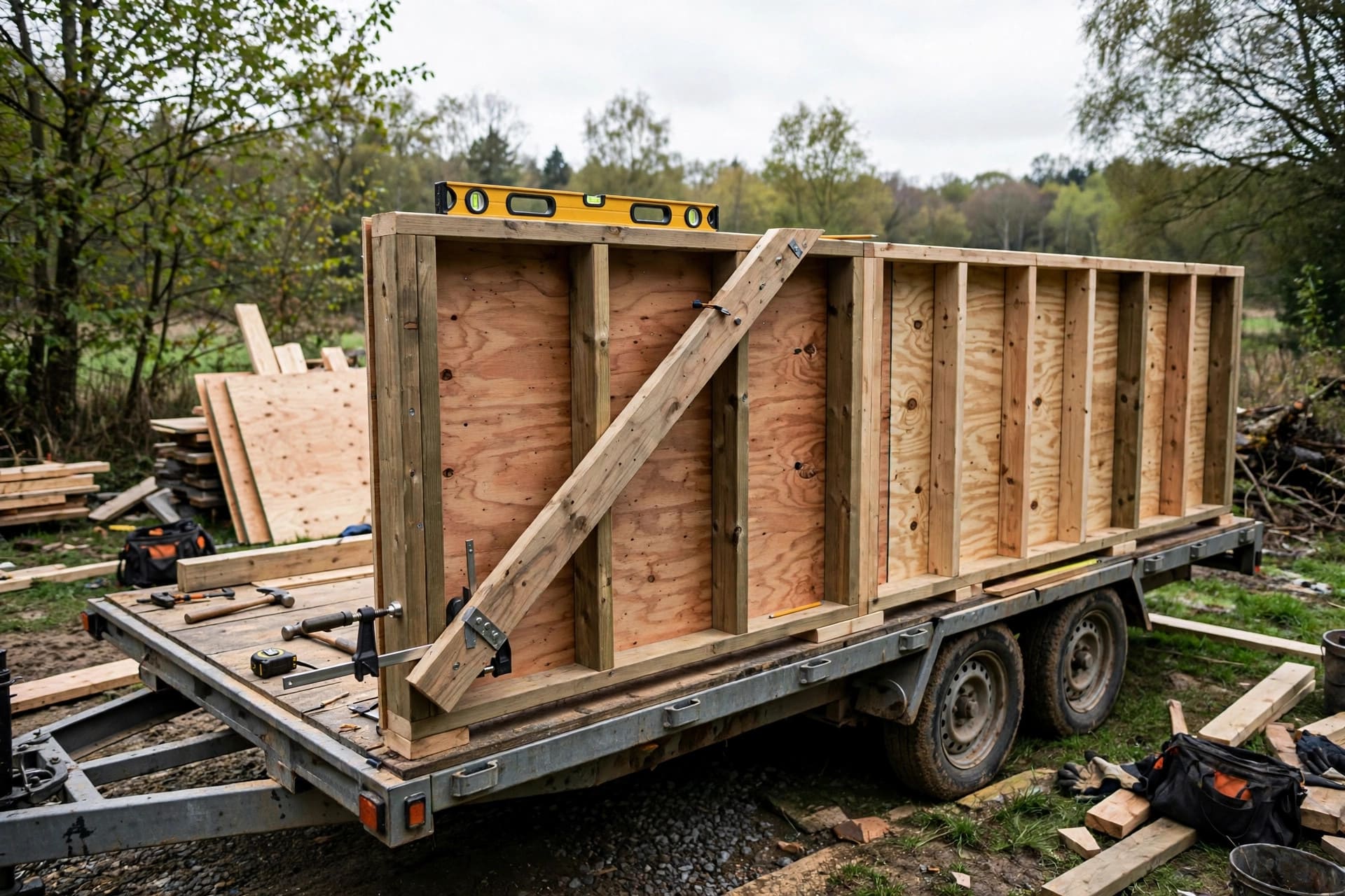 SIPs vs stick framing: braced timber wall frame with plywood sheathing being squared on a trailer deck