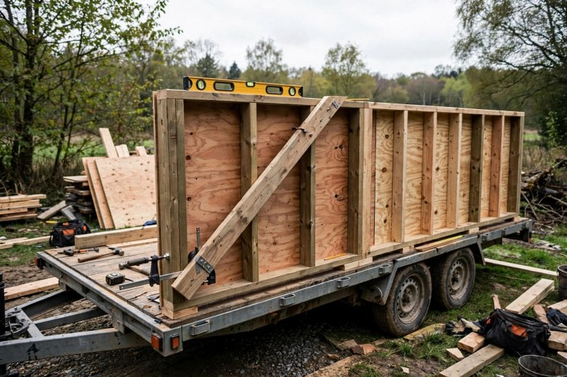 SIPs vs stick framing: braced timber wall frame with plywood sheathing being squared on a trailer deck