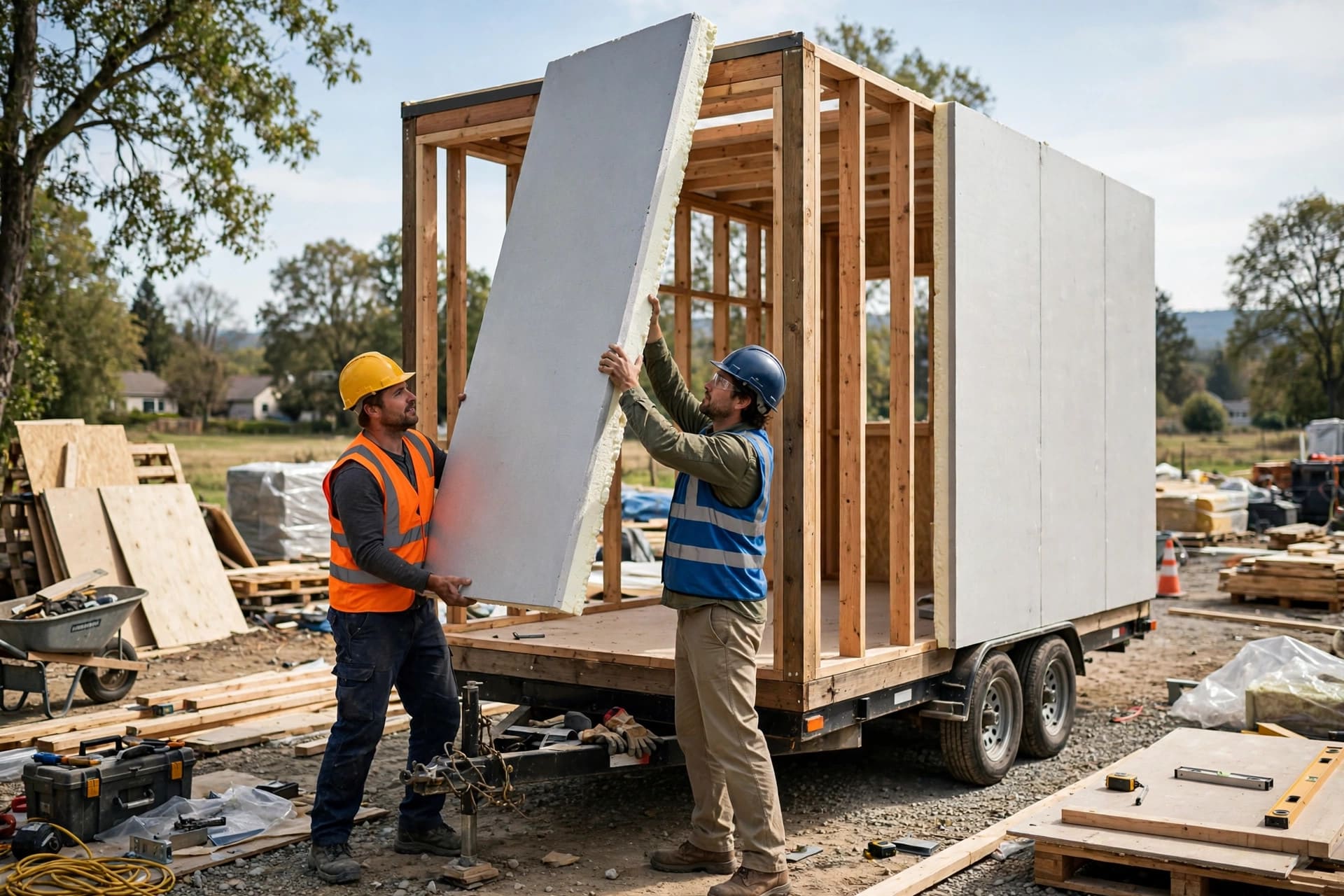 SIPs vs stick framing: builders raising a large insulated wall panel onto a tiny house frame