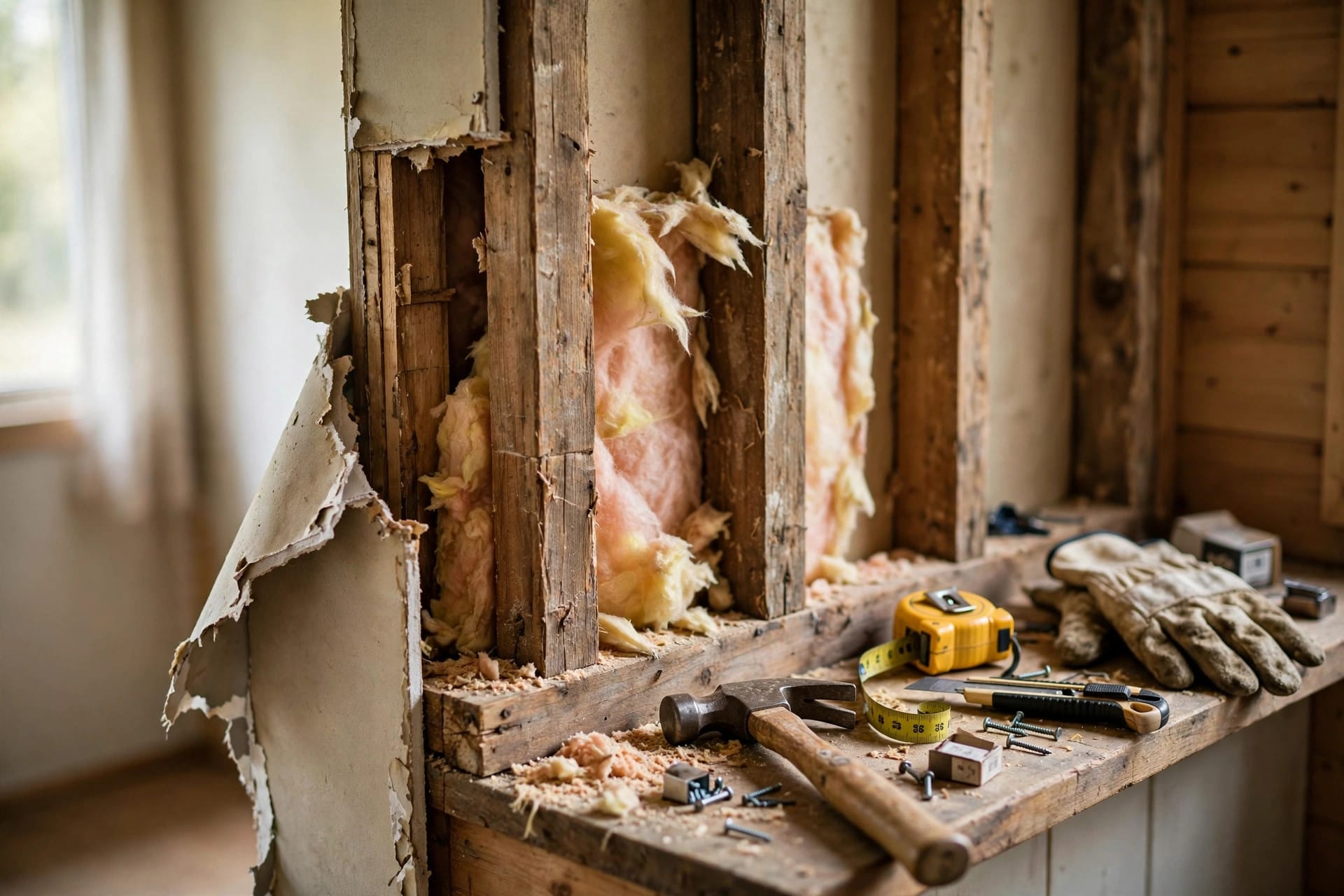 SIPs vs stick framing: repairing a small section of timber-framed wall with lining removed