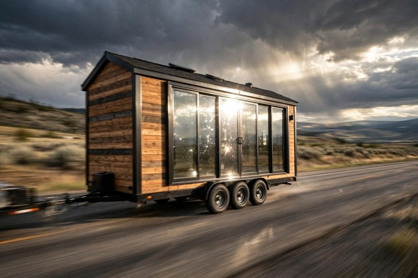 sliding glass doors: the wall of glass under tow on the highway