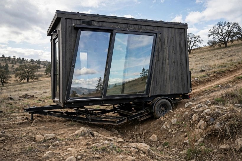 sliding glass doors: a door frame racked by trailer flex