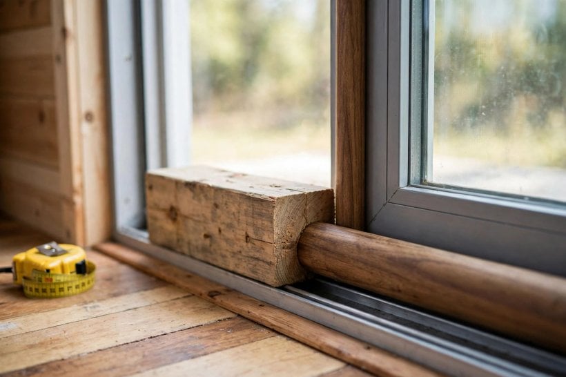sliding glass doors: a wooden block wedged tight in the bottom track