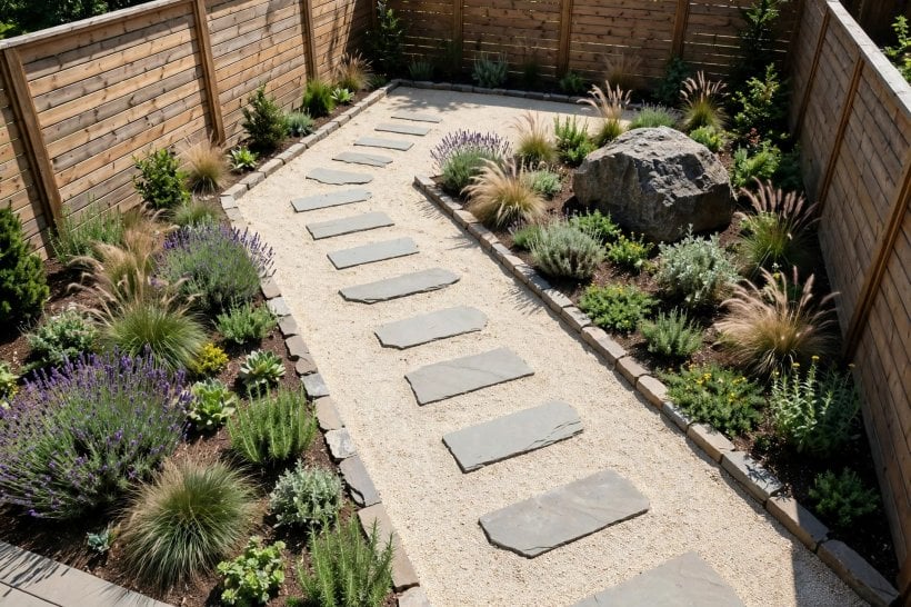 small backyard rockscaping: a diagonal gravel path and angled beds stretching a tiny rectangular lot