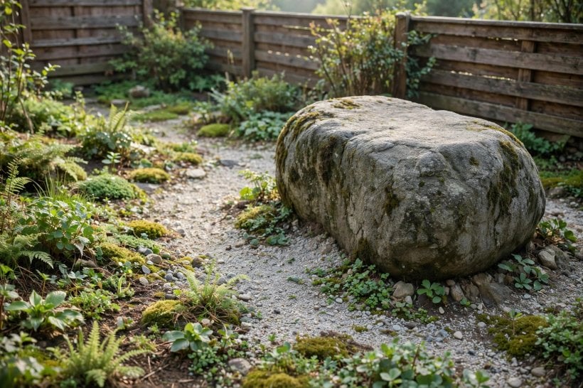 small backyard rockscaping: one large boulder set off-centre and buried a third deep in gravel