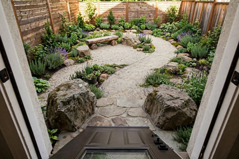 small backyard rockscaping: a stone entry landing, curving gravel path and sitting pad with a log bench