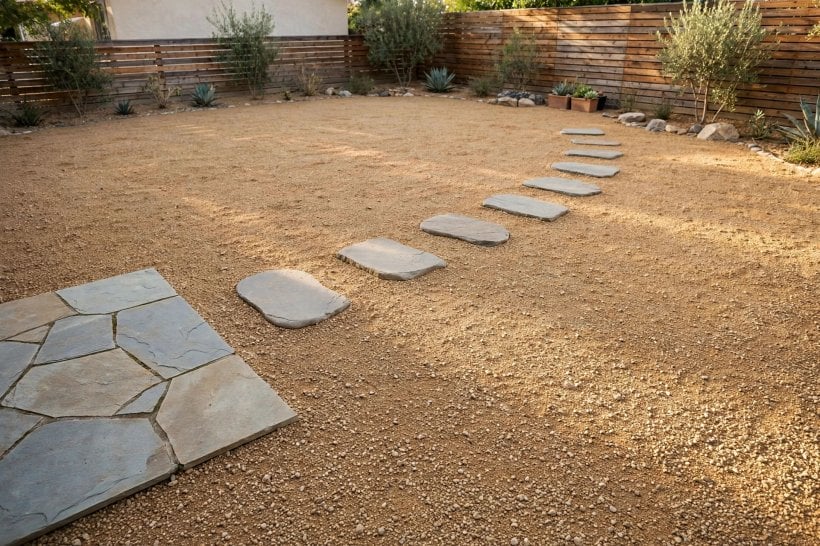 small backyard rockscaping: one gravel ground plane with a flagstone sitting area and floating stepping stones