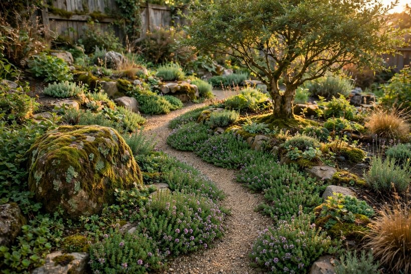 small backyard rockscaping: a mature rockscape with a mossy boulder and thyme swallowing the path edges
