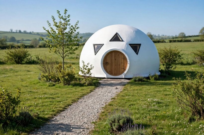 small dome homes: a compact white dome home on a green meadow plot