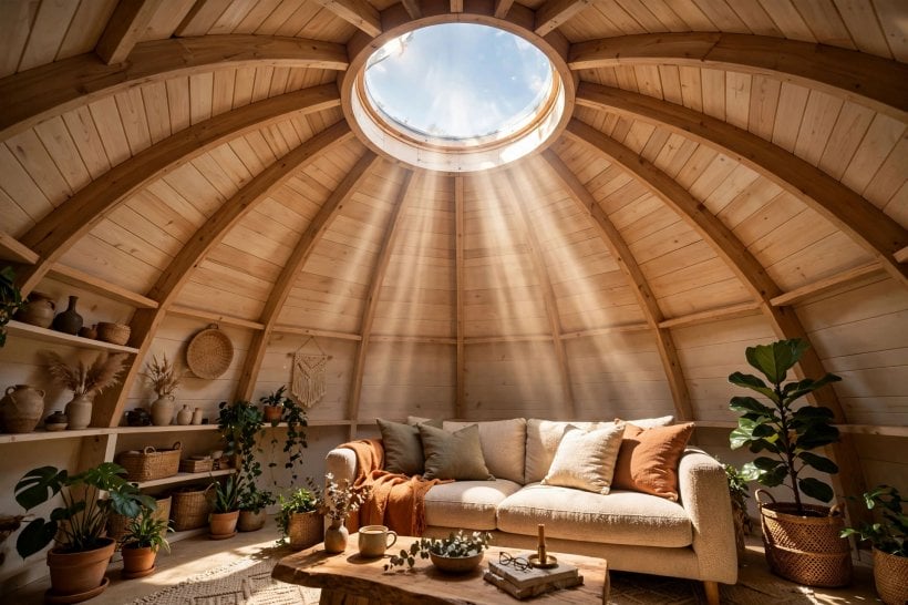 small dome homes: sunlight falling through a skylight into a vaulted dome interior
