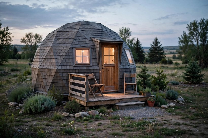 small dome homes: a modest dome home with a small porch, an affordable starter home