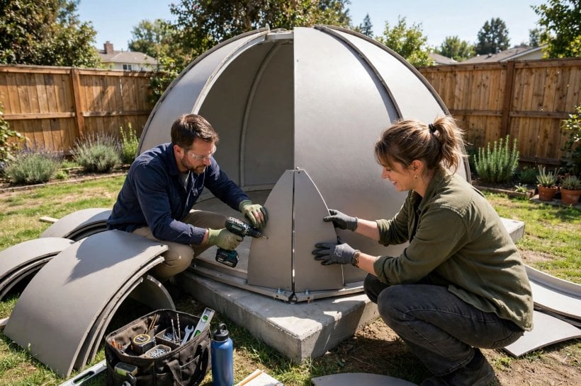 small dome homes: two owners assembling a dome shell by hand without cranes