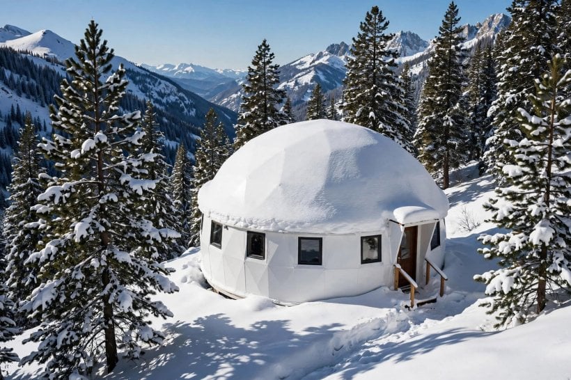 a small dome home under deep snow on a mountainside, holding its snow load
