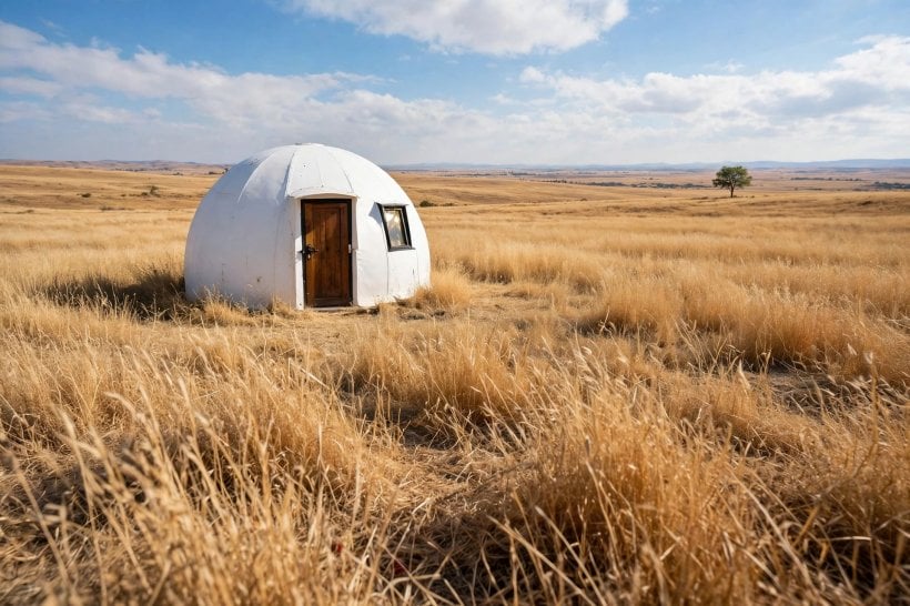 a small dome home on an open sunlit plain, adapted to a bright, dry climate