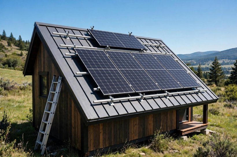 solar panel kits for tiny homes: monocrystalline panels being mounted on a tiny house roof