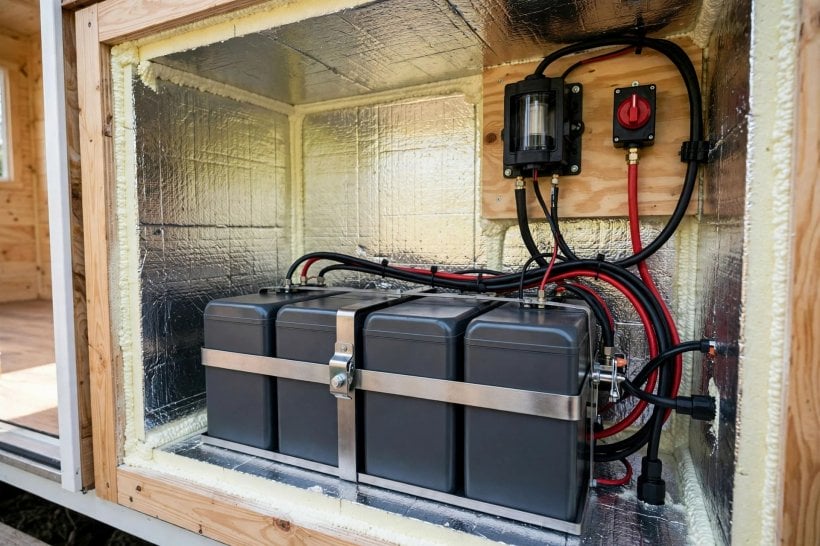 solar panel kits for tiny homes: a LiFePO4 battery bank with Class T fuse and disconnect