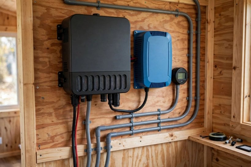solar panel kits for tiny homes: an MPPT charge controller and inverter-charger on a utility wall