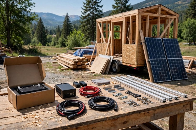 solar panel kits for tiny homes: kit components laid out beside the battery and controller