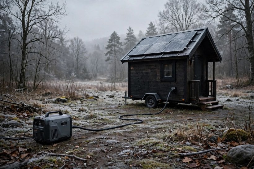 solar panel kits for tiny homes: an inverter generator backing up the system on a gray winter day