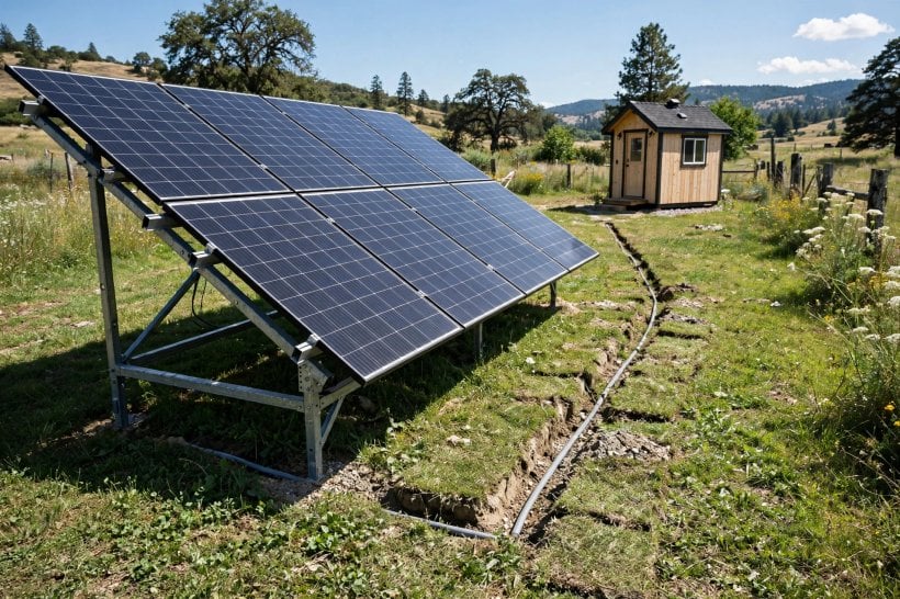 solar-ready tiny house layouts: ground-mounted array on a tilted rack standing south of the house