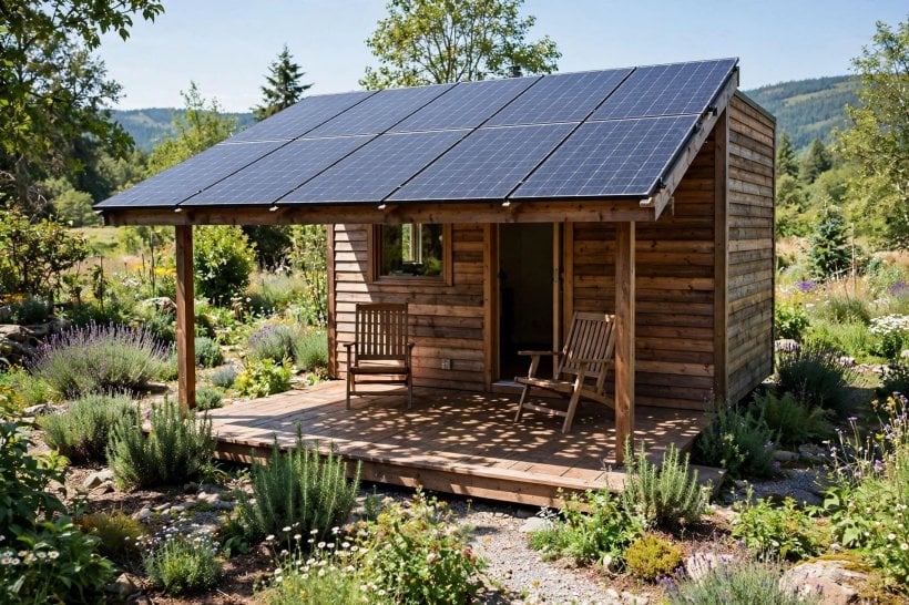 solar-ready tiny house layouts: panel canopy porch roof shading the deck while it generates