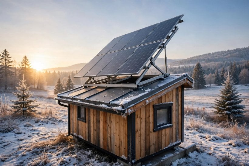 solar-ready tiny house layouts: adjustable-tilt rack raised to its steep winter angle against the low sun