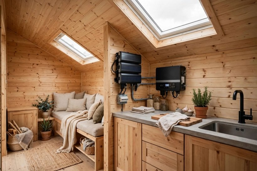 solar-ready tiny house layouts: living space lit by north skylights with the battery bank under the panel slope