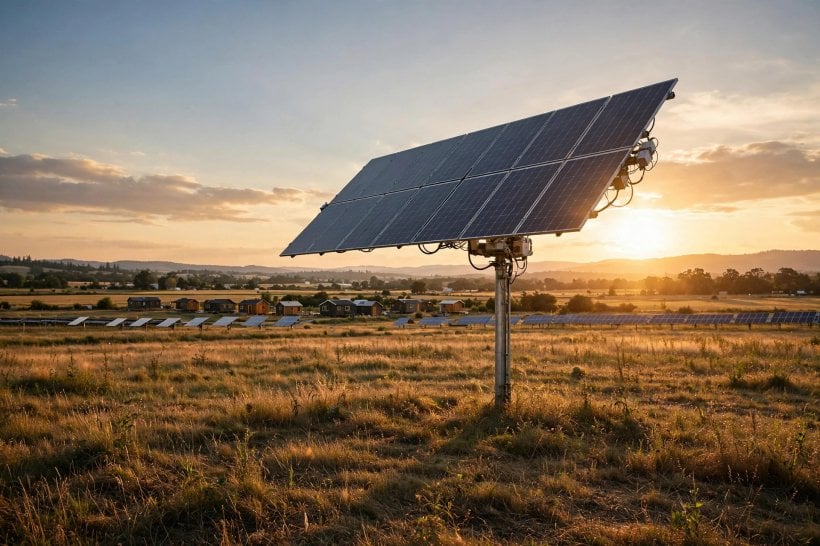 solar-ready tiny house layouts: single-axis pole-mounted tracker following the sun across the yard