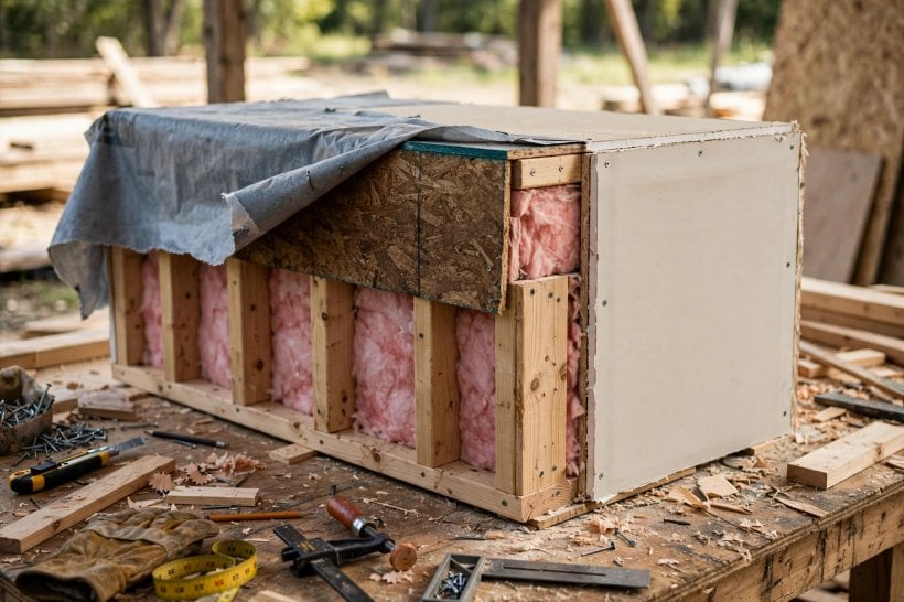 tiny house soundproofing: layered wall assembly with insulation packed between wooden studs