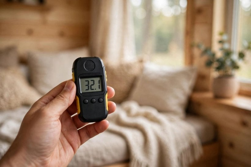 tiny house soundproofing: sound level meter reading 32.1 inside a quiet tiny house